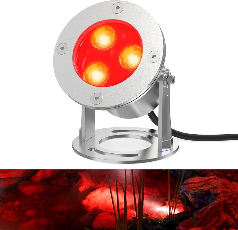 ES8LED 9W LED Underwater Pond Lights Red Lighting, Works with 12V AC/DC, Stainless Steel Light Fixture with IP68 Waterproof Rating Suitable for Ponds, Waterfalls, Patio & Garden, Outdoor Landscape Lighting - Image 1